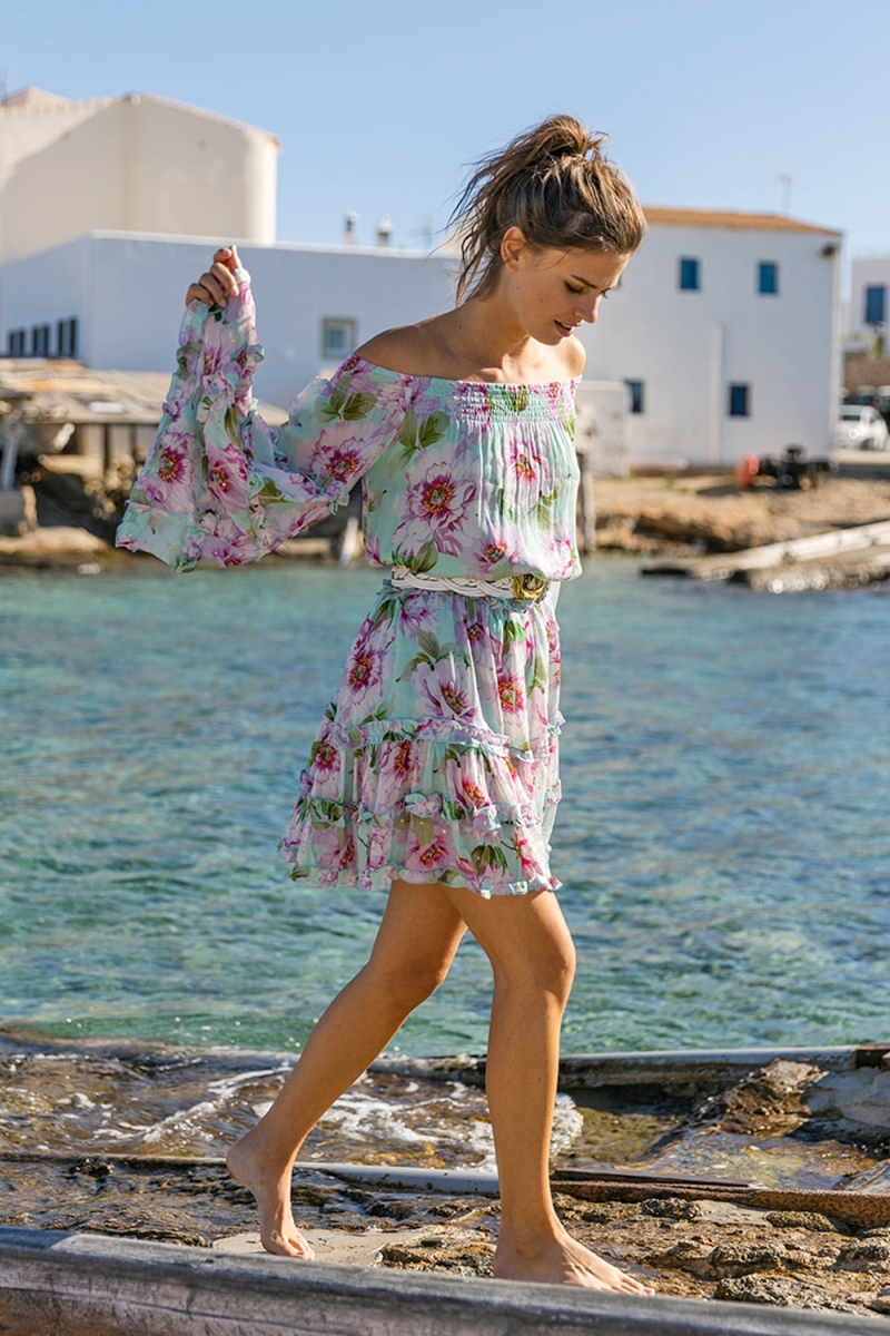 Vestido Corto Fleur – Manga larga – Hombros descubiertos – Floral – Miss June Paris – 1