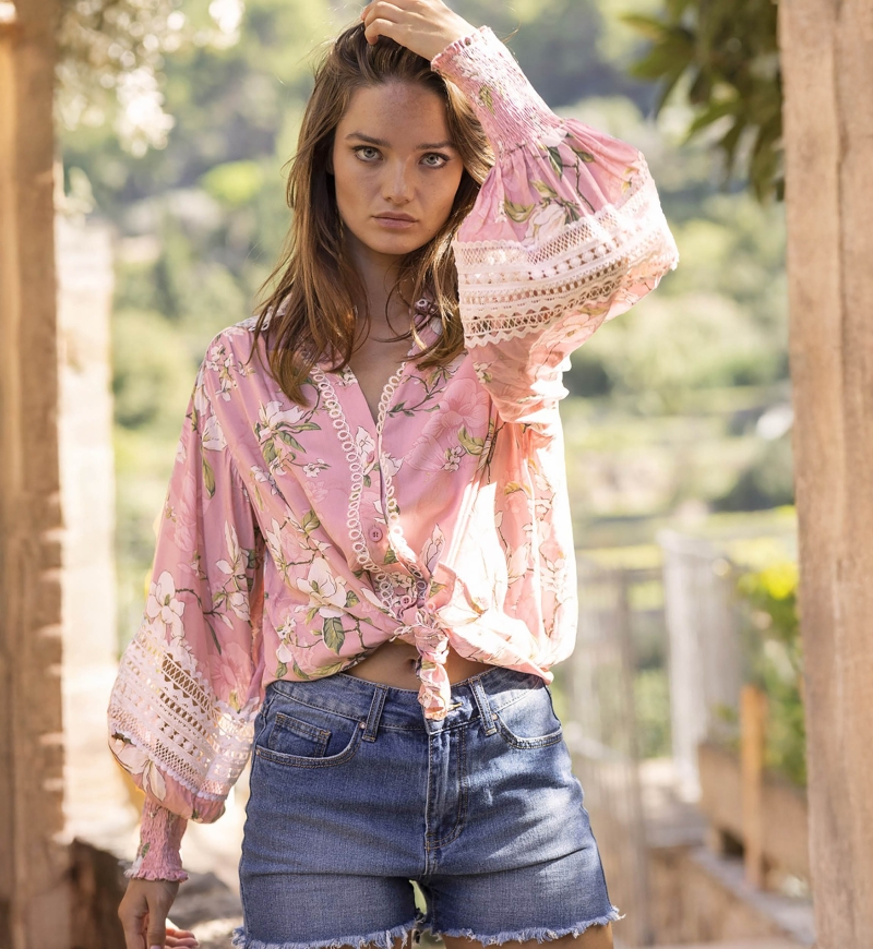 Camisa Tulla - Rosa - Bordado Blanco - Estampado Floral - Estilo Boho - Mangas Largas - Miss June Paris - 1
