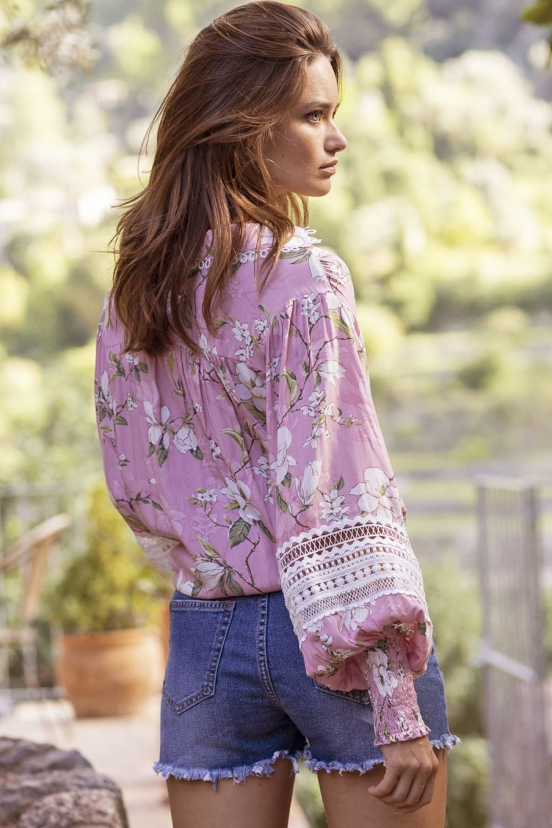 Shirt Tulla - Pink - White Embroidery - Floral Print - Boho Style - Long Sleeves - Miss June Paris - 5
