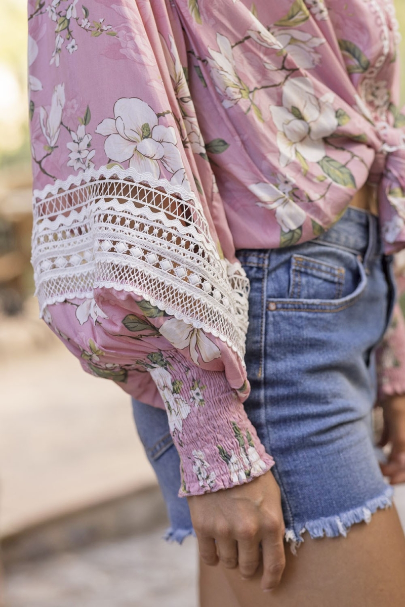Camisa Tulla - Rosa - Bordado Blanco - Estampado Floral - Estilo Boho - Mangas Largas - Miss June Paris - 4