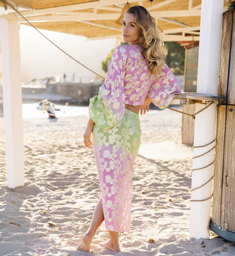 Top Sunday - Rosa / Mangas Degradadas en Verde - Mangas Largas - Estilo Boho - Cuello en V - Miss June Paris - 4