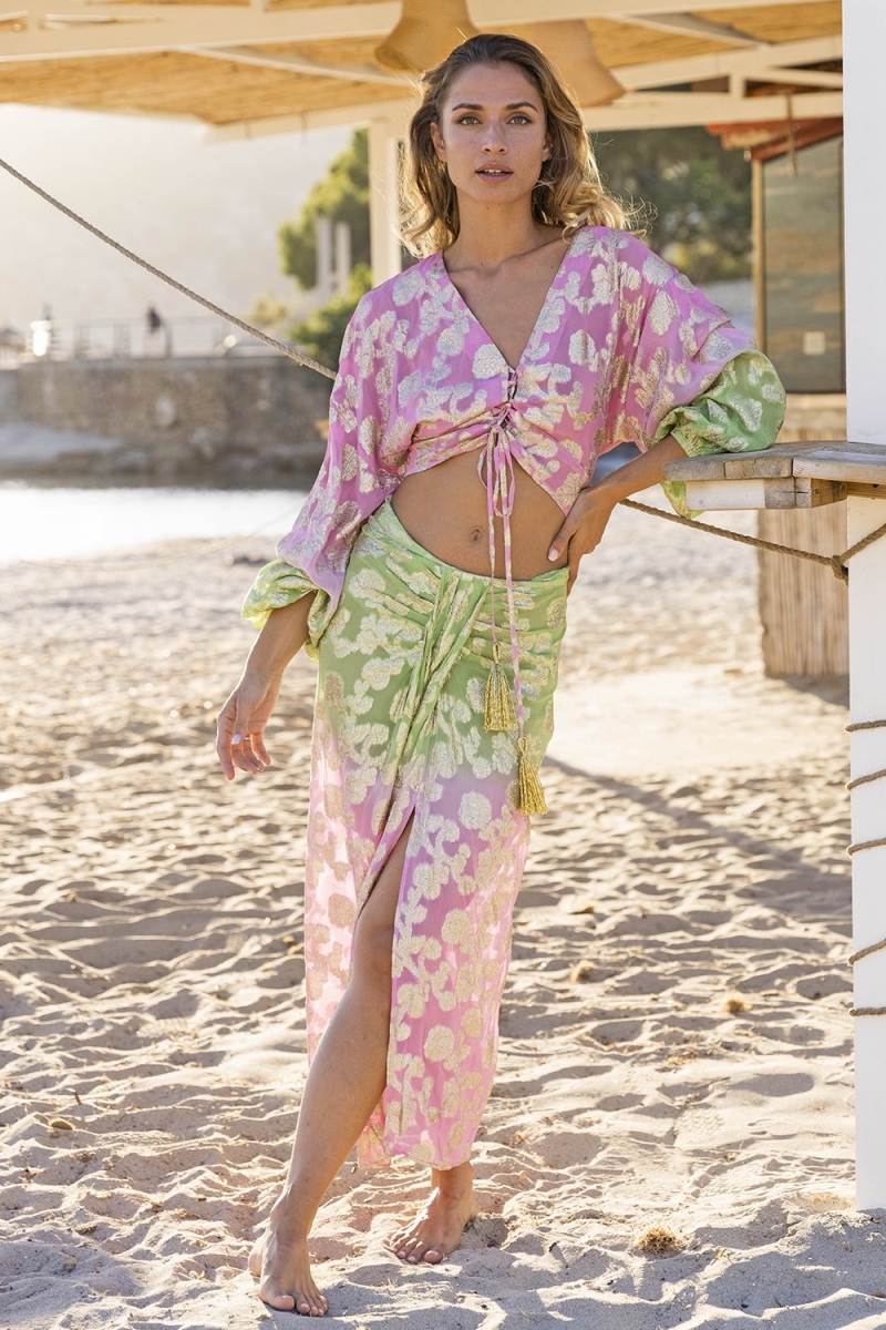 Falda Midi Shade - Verde/Degradado Rosa - Detalles Dorados - Estilo Boho - Miss June Paris - 1