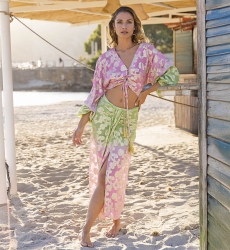 Saia Midi Shade - Verde/Degradê Rosa - Detalhes Dourados - Estilo Boho - Miss June Paris - 1