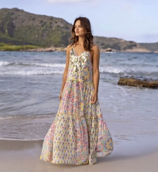 Long dress INNIKA: pastel color - decorated yoke - floral details - thin straps - Miss June Paris - 1