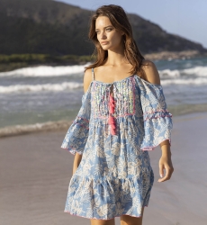 Robe curto JOE: cor azul/lavanda - detalhes rosa neon - padrões florais - peitilho decorado - Miss June Paris - 1