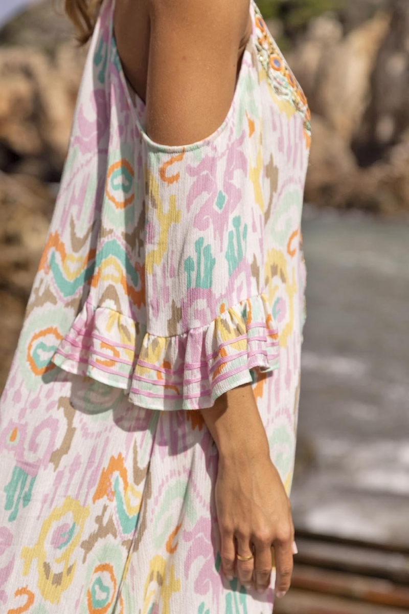 Short dress BIRDS: pastel color - embroidered yoke - bohemian - Miss June Paris - 3