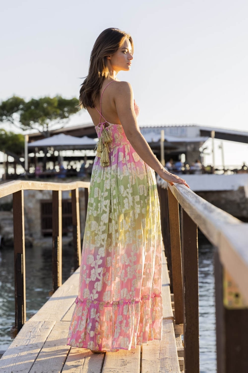 Marley Long Dress - Pink Gradient Green - Golden Details - Crochet Top - Miss June Paris - 4