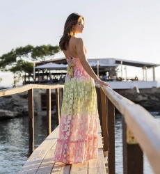 Vestido Largo Marley - Rosa Degradado Verde - Detalles Dorados - Top de Ganchillo - Miss June Paris - 4