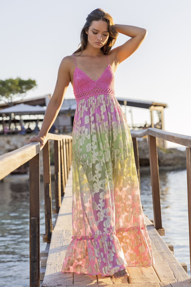 Vestido Longo Marley - Rosa Degradê Verde - Detalhes Dourados - Top de Crochê - Miss June Paris - 1