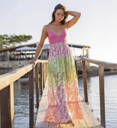 Vestido Largo Marley - Rosa Degradado Verde - Detalles Dorados - Top de Ganchillo - Miss June Paris - 1