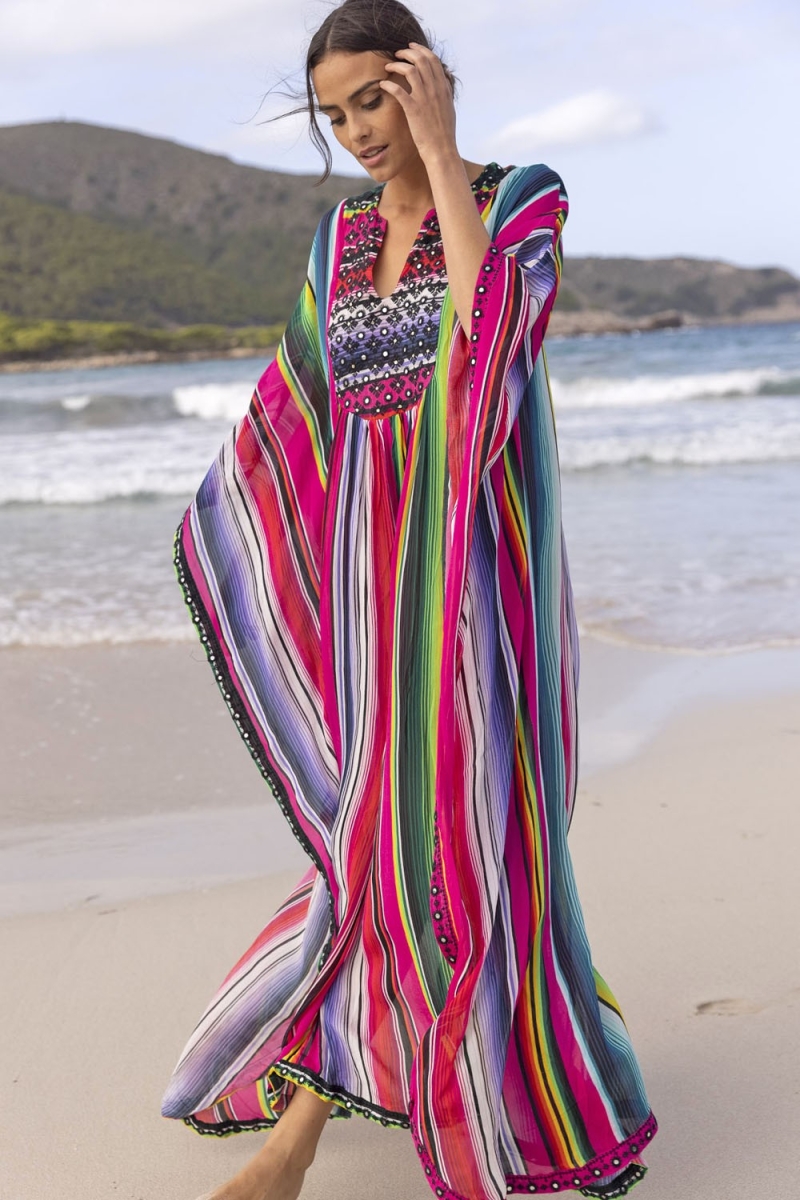 Caftan Long Waves - rayures colorés - plastron décoré - manches longues -Miss June Paris - 2