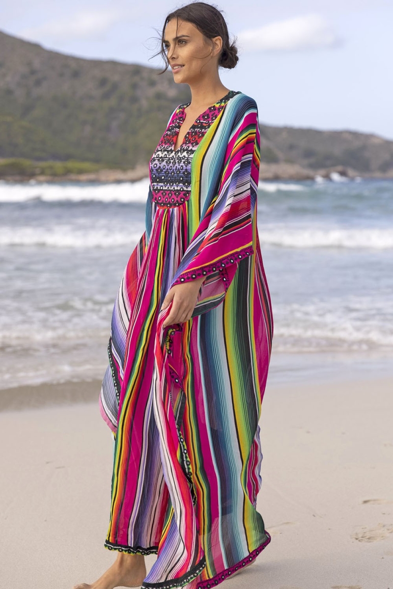 Kaftan Longo Waves - Listras Coloridas - Peitoral Decorado - Mangas Longas - Miss June Paris - 1
