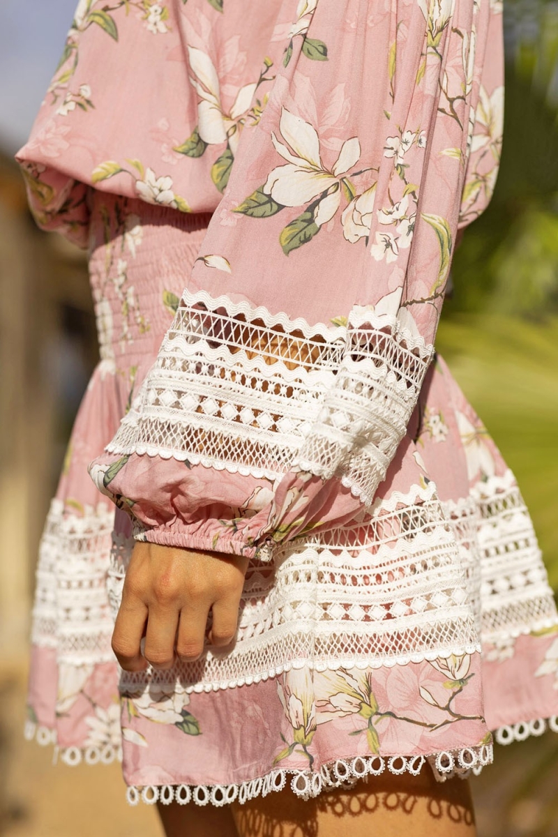 Mabel Short Skirt - Pink - Floral Print - White Embroidery - Boho Style - Miss June Paris - 3