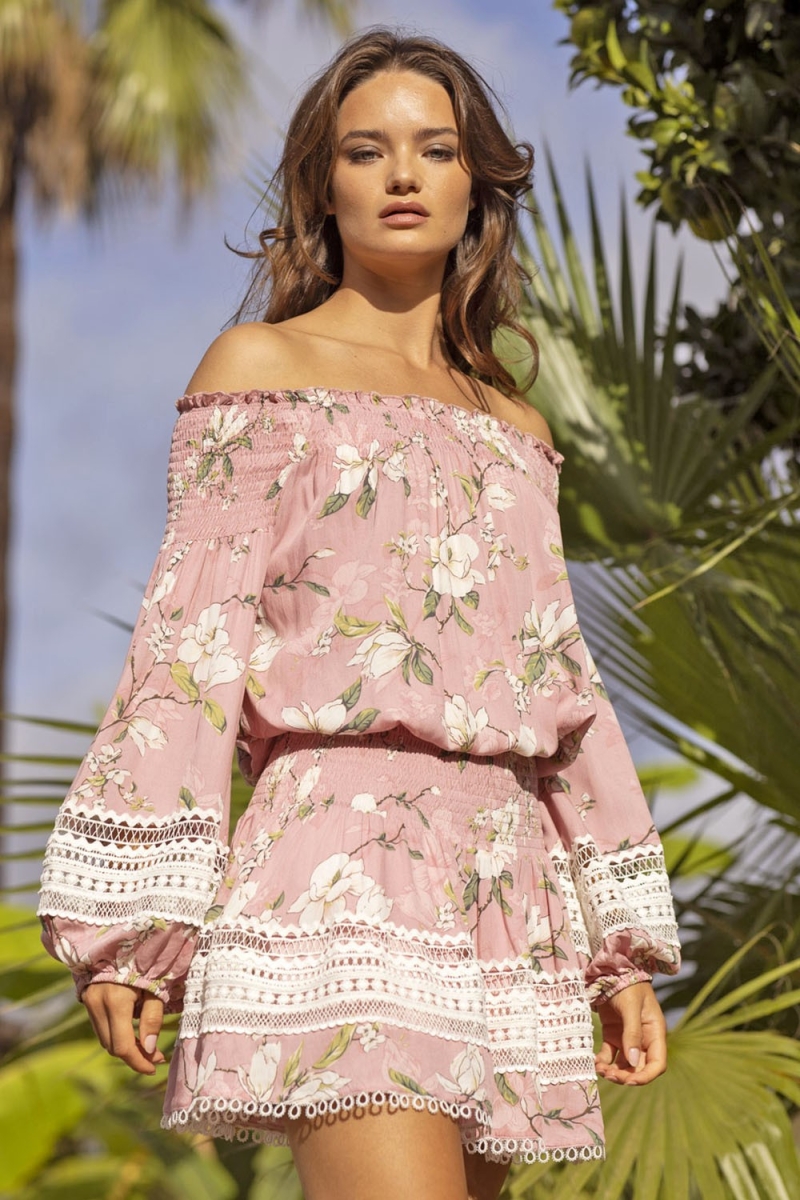Saia Curta Mabel - Rosa - Estampa Floral - Bordado Branco - Estilo Boho - Miss June Paris - 2