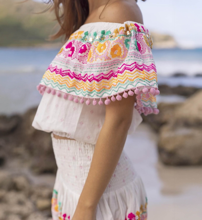 Zuma Off-Shoulder Top - White - Colorful Embroidery - Boho Chic Style - One Size XS/M - Miss June Paris - 2