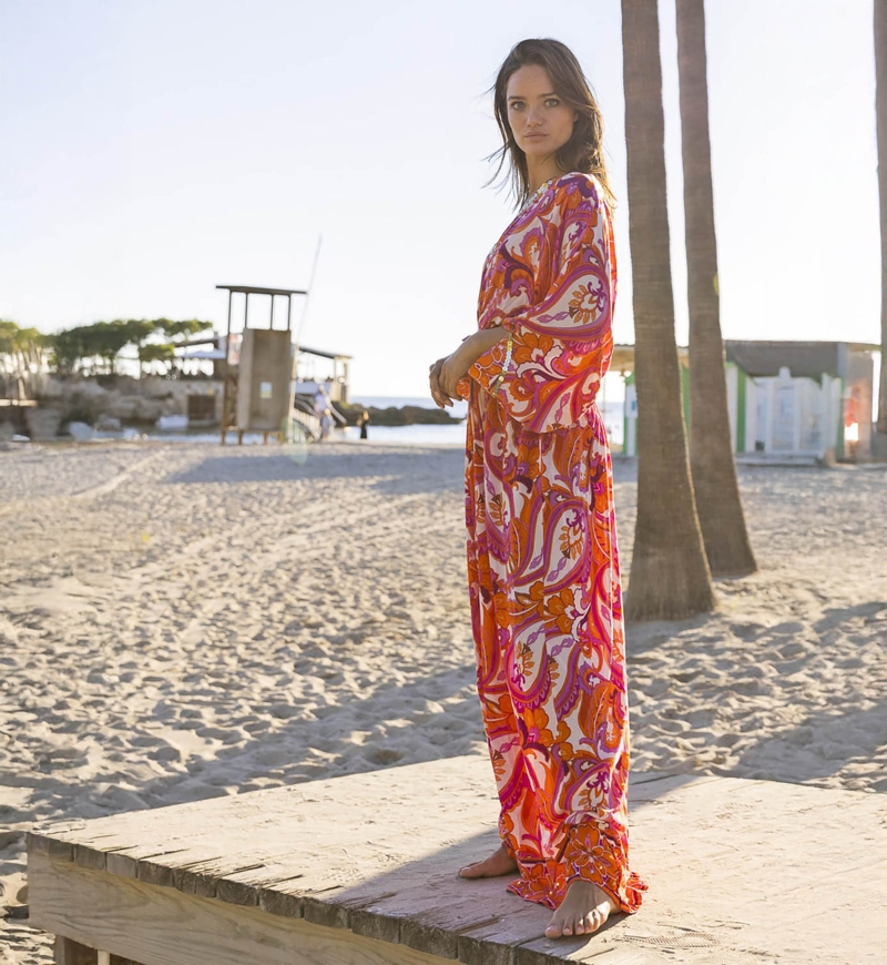 Vestido Largo Emmy - Rosa/Naranja - Estampado Cachemira - Mangas Largas - Con Lentejuelas - Miss June Paris - 4