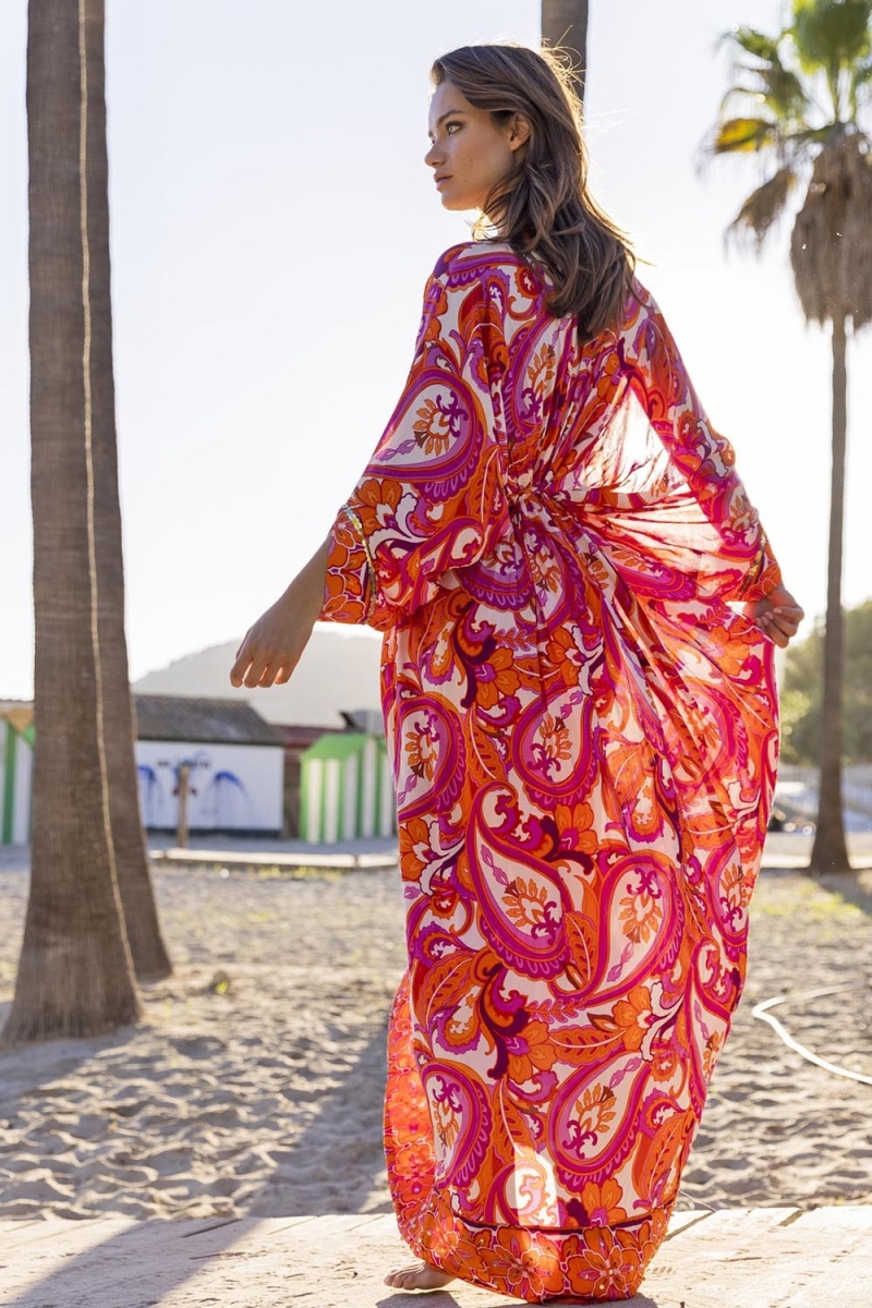 Vestido Largo Emmy - Rosa/Naranja - Estampado Cachemira - Mangas Largas - Con Lentejuelas - Miss June Paris - 5
