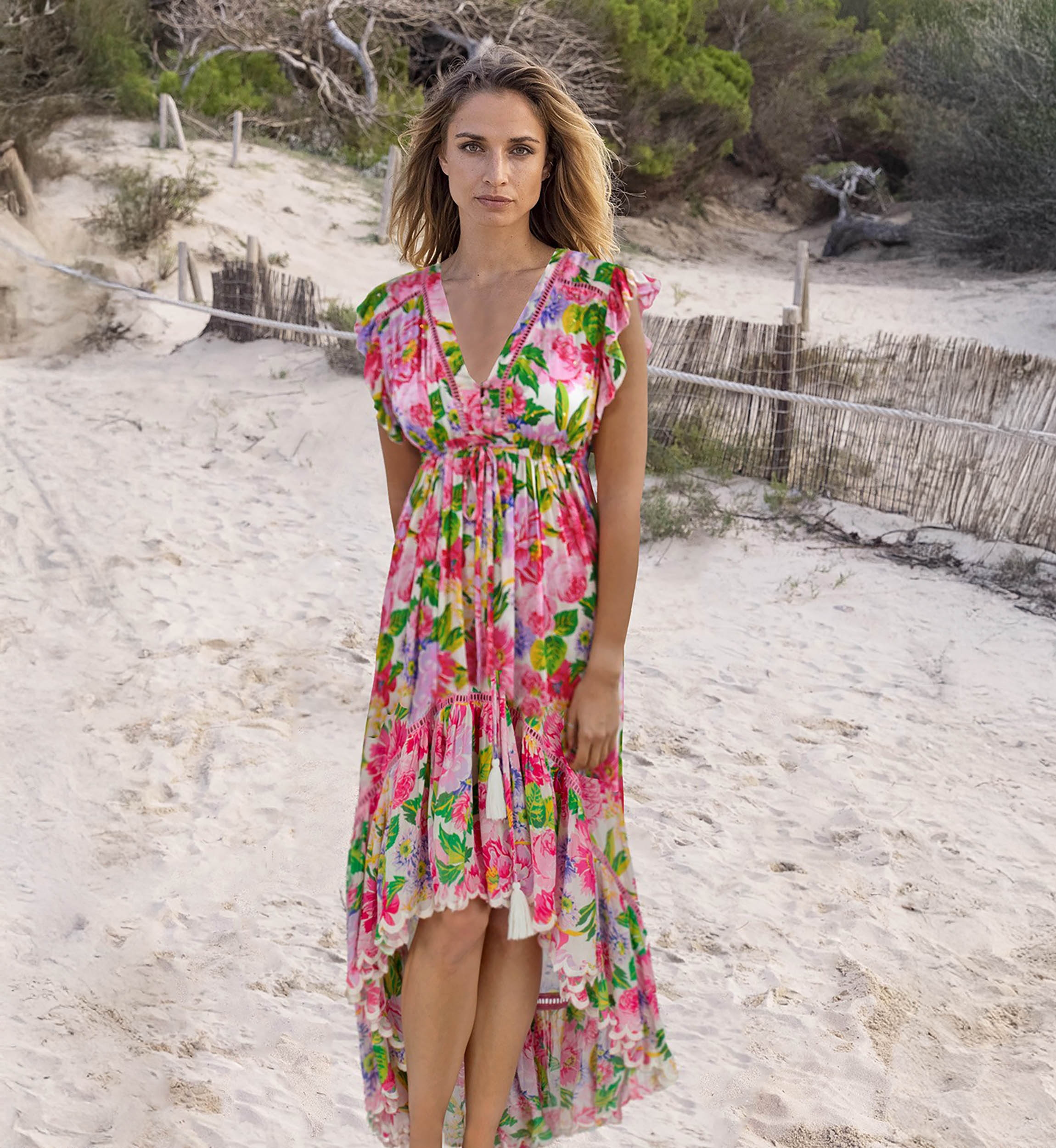 Holy Long Dress - Pink - Floral Print - Short Sleeves - V-Neck - Drawstring Waist - Boho - Miss June Paris - 1