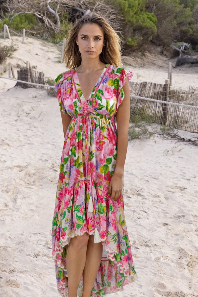 Vestido Longo Holy - Rosa - Estampa Floral - Mangas Curtas - Decote V - Cordão Ajustável - Boho - Miss June Paris - 1