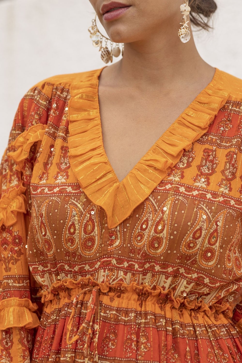 Safran Long Dress - Orange - Golden Details - Long Sleeves - V-Neckline - Boho - Miss June Paris - 3