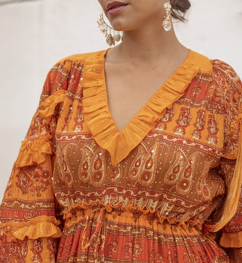 Safran Long Dress - Orange - Golden Details - Long Sleeves - V-Neckline - Boho - Miss June Paris - 3