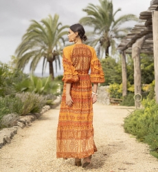 Vestido Largo Safran - Naranja - Detalles Dorados - Mangas Largas - Escote en V - Boho - Miss June Paris - 4