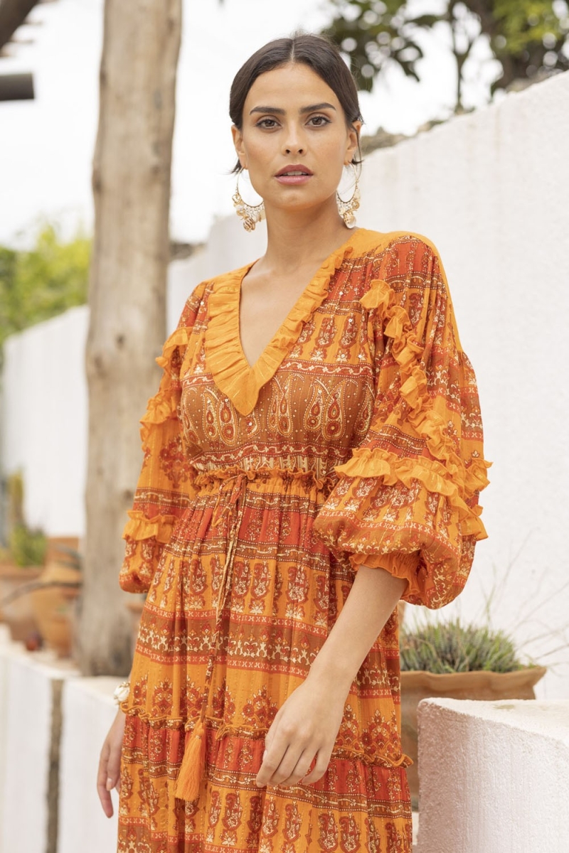 Safran Long Dress - Orange - Golden Details - Long Sleeves - V-Neckline - Boho - Miss June Paris - 2