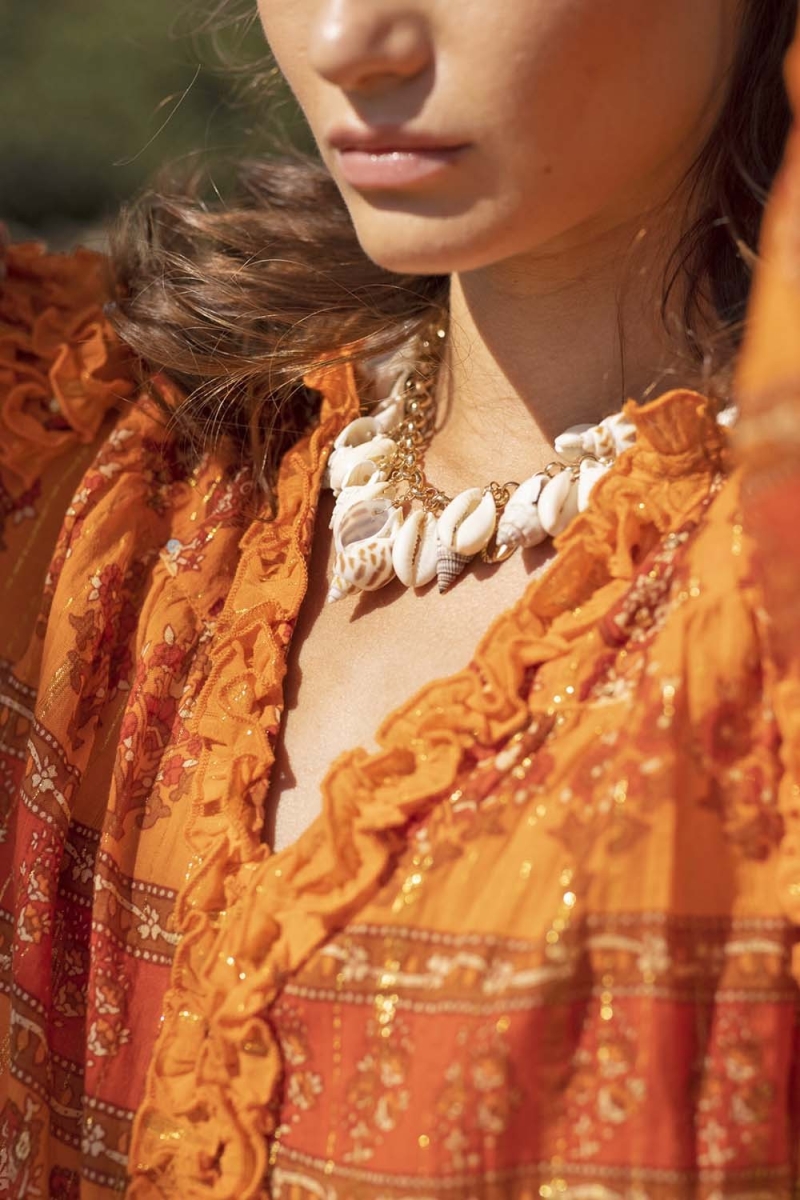 Blusa Glossy - Laranja - Lurex Dourado - Mangas Longas Bufantes - Boho - Miss June Paris - 3