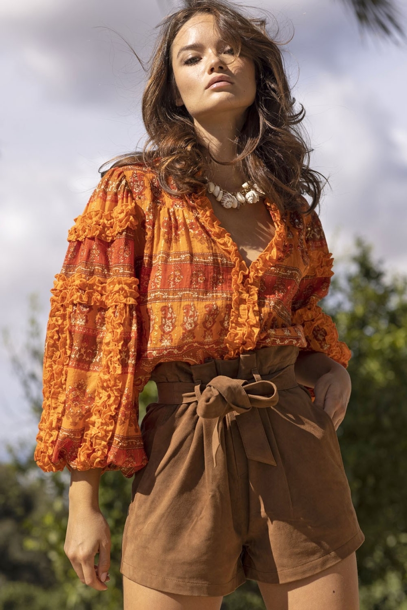 Glossy Blouse - Orange - Golden Lurex - Long Puffy Sleeves - Bohemian - Miss June Paris - 1
