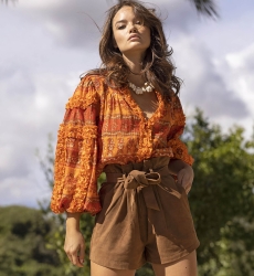 Blusa Glossy - Naranja - Lurex Dorado - Mangas Largas Abullonadas - Bohemio - Miss June Paris - 1