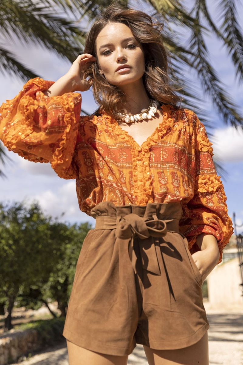 Blusa Glossy - Laranja - Lurex Dourado - Mangas Longas Bufantes - Boho - Miss June Paris - 2