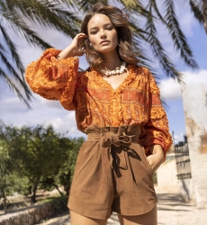 Glossy Blouse - Orange - Golden Lurex - Long Puffy Sleeves - Bohemian - Miss June Paris - 2