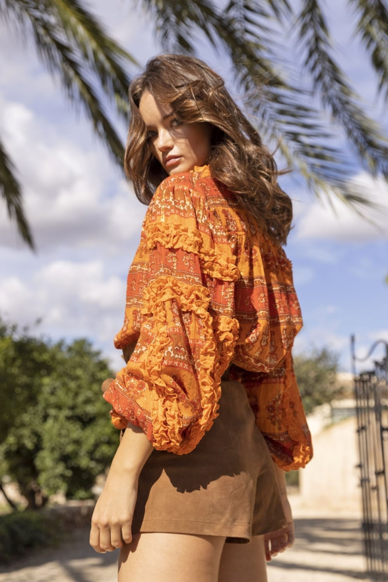 Blusa Glossy - Naranja - Lurex Dorado - Mangas Largas Abullonadas - Bohemio - Miss June Paris - 4