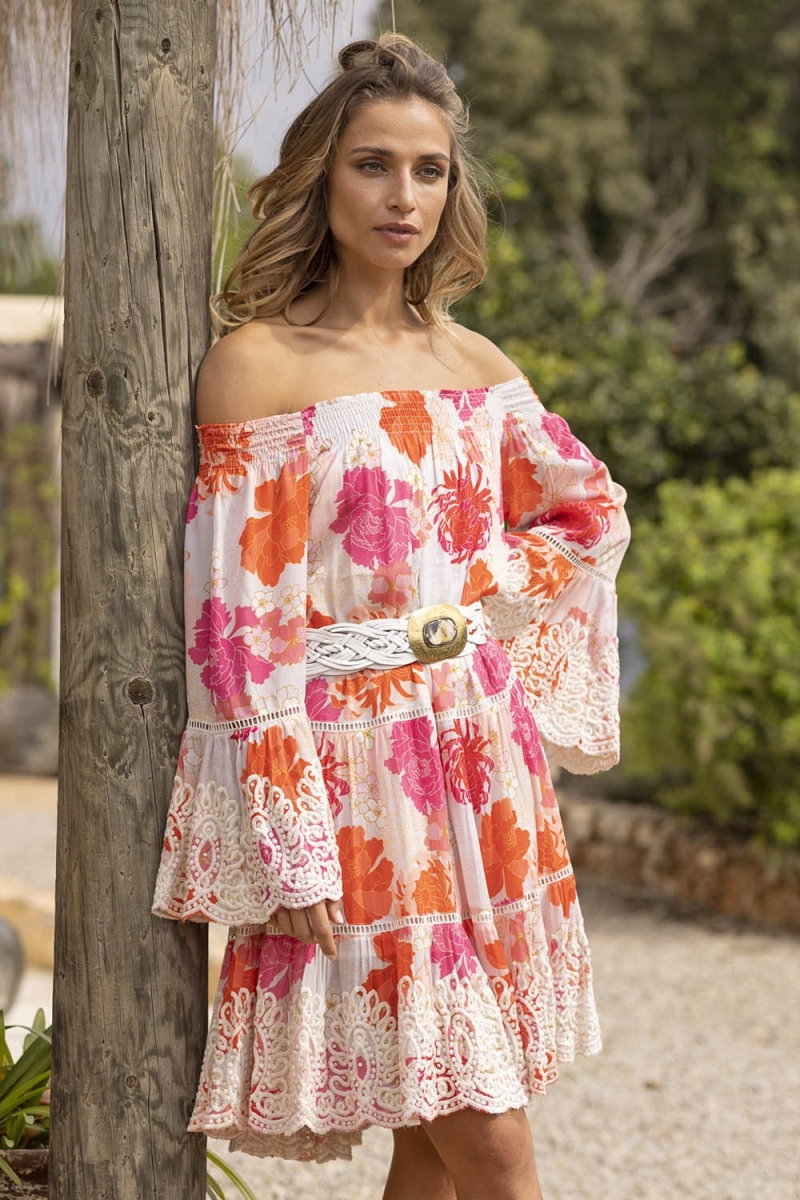 Positano Short Dress - White - Pink and Red Floral Print - Bohemian Style - Long Sleeves - Miss June Paris - 1