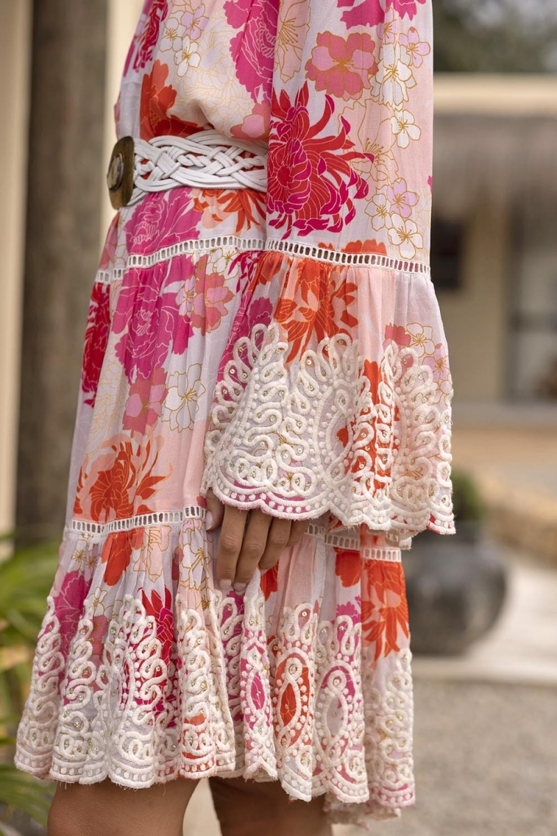Positano Short Dress - White - Pink and Red Floral Print - Bohemian Style - Long Sleeves - Miss June Paris - 3