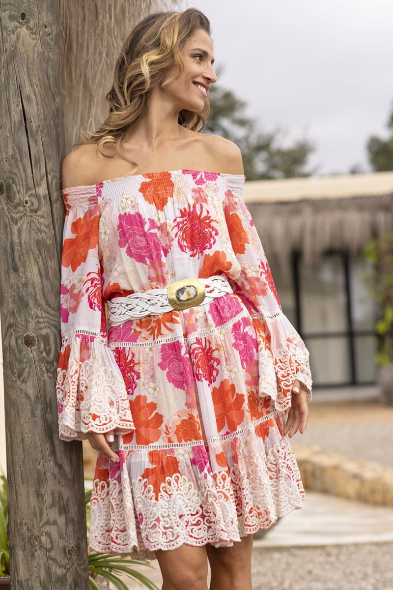 Vestido Curto Positano - Branco - Estampa Floral Rosa e Vermelha - Estilo Boêmio - Mangas Longas - Miss June Paris - 2