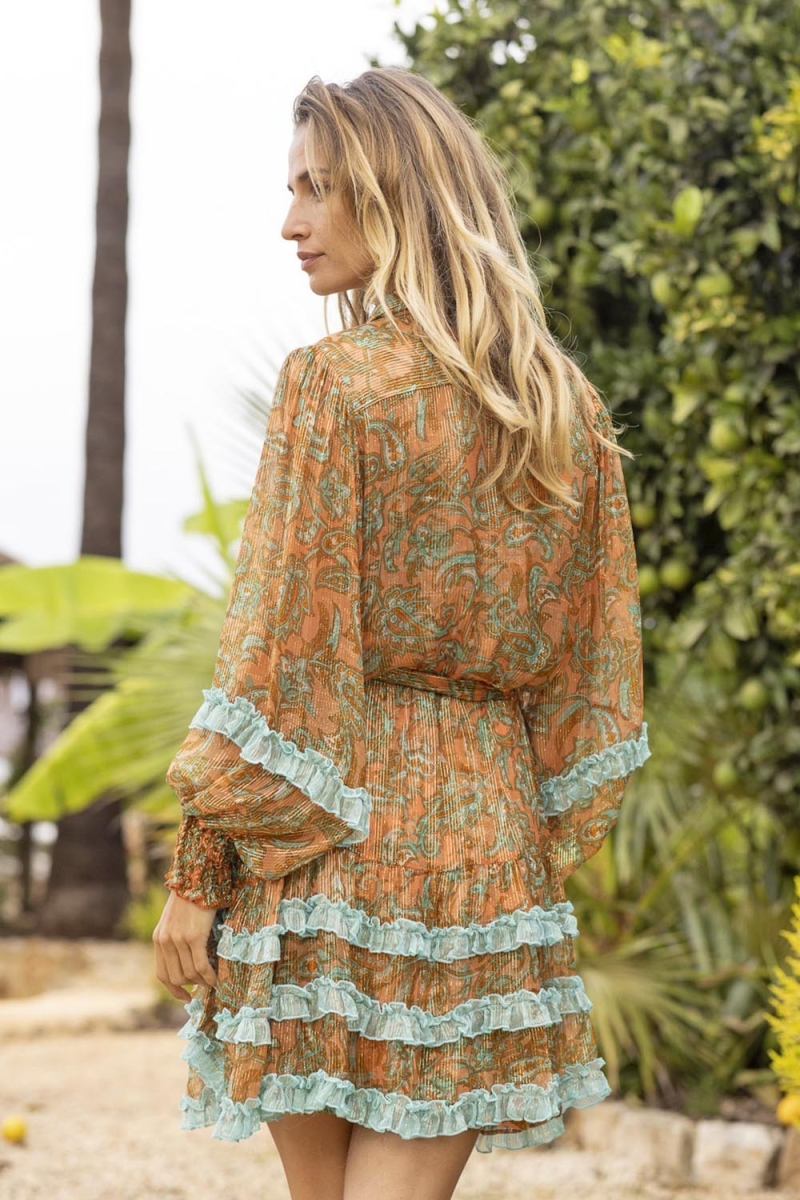 Agua Short Dress - Orange/Aqua - Long Sleeves - Matching Belt - Boho Style - Miss June Paris - 4