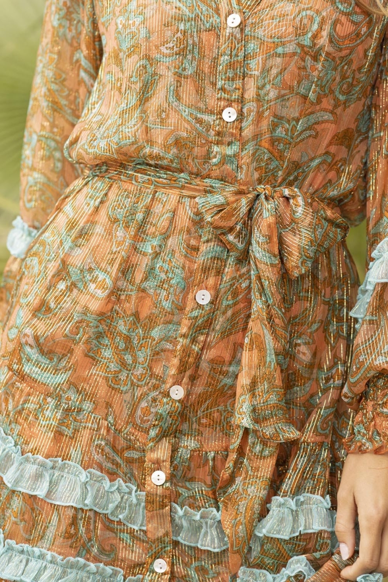 Agua Short Dress - Orange/Aqua - Long Sleeves - Matching Belt - Boho Style - Miss June Paris - 3