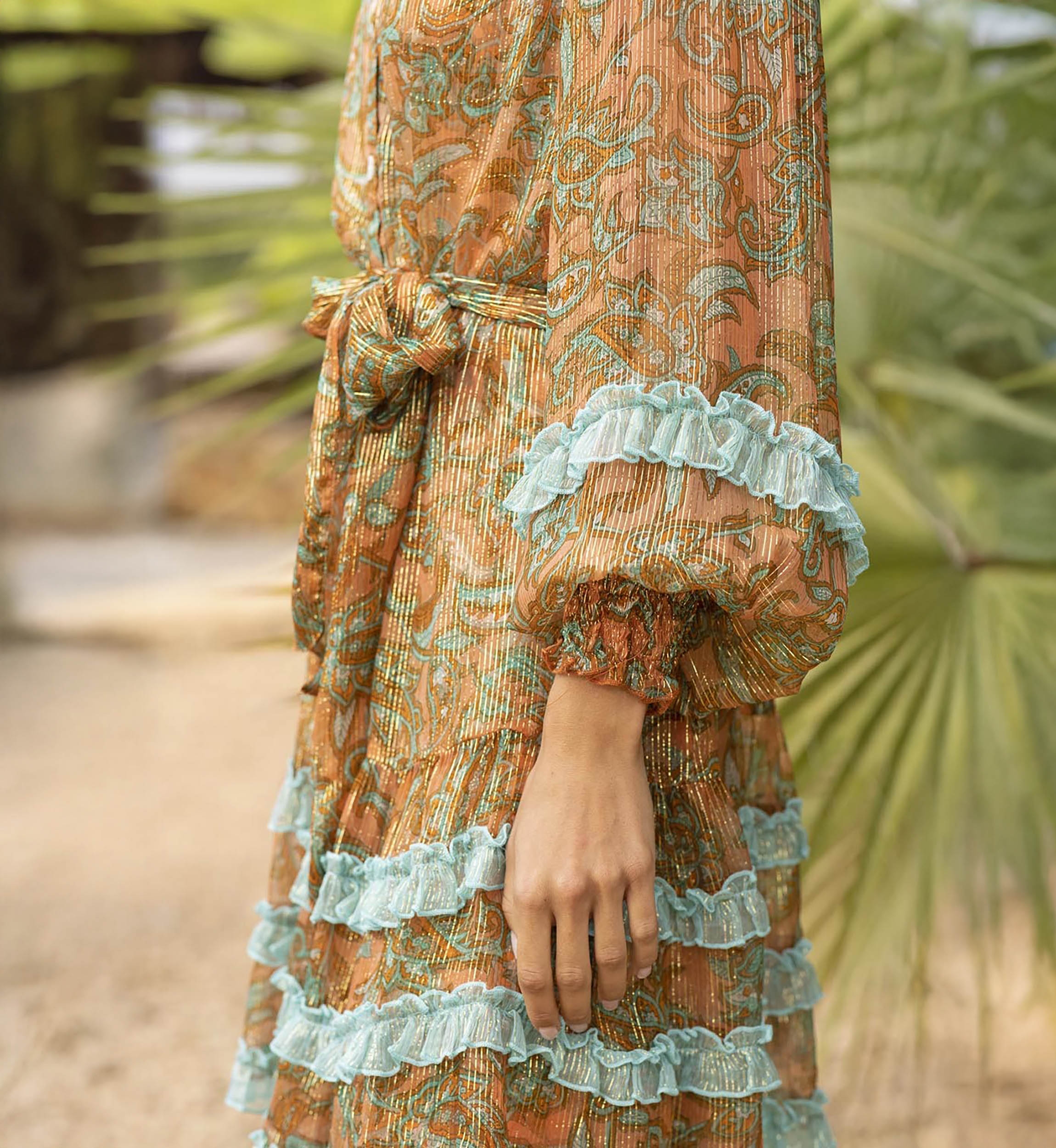 Vestido Curto Agua - Laranja/Aqua - Mangas Longas - Cinto a Condizer - Estilo Boho - Miss June Paris - 2