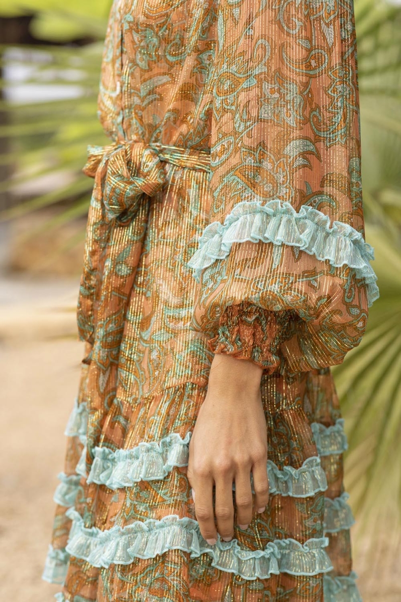 Agua Short Dress - Orange/Aqua - Long Sleeves - Matching Belt - Boho Style - Miss June Paris - 2