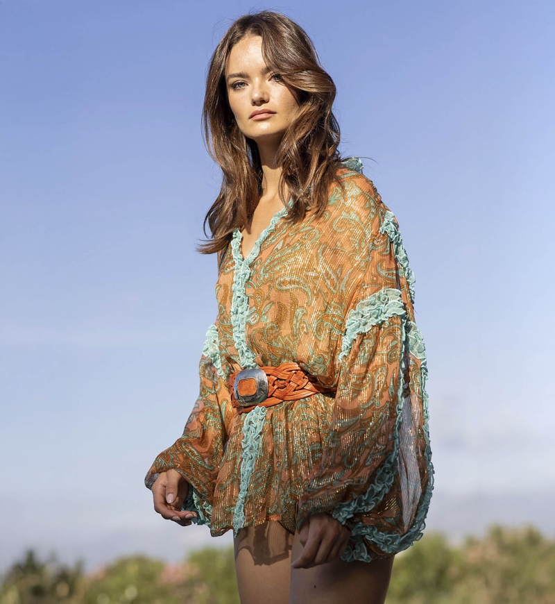 Romeo Blouse - Orange/Aqua - Long Sleeves - Golden Details - Small Ruffles - Boho Style - Miss June Paris - 1