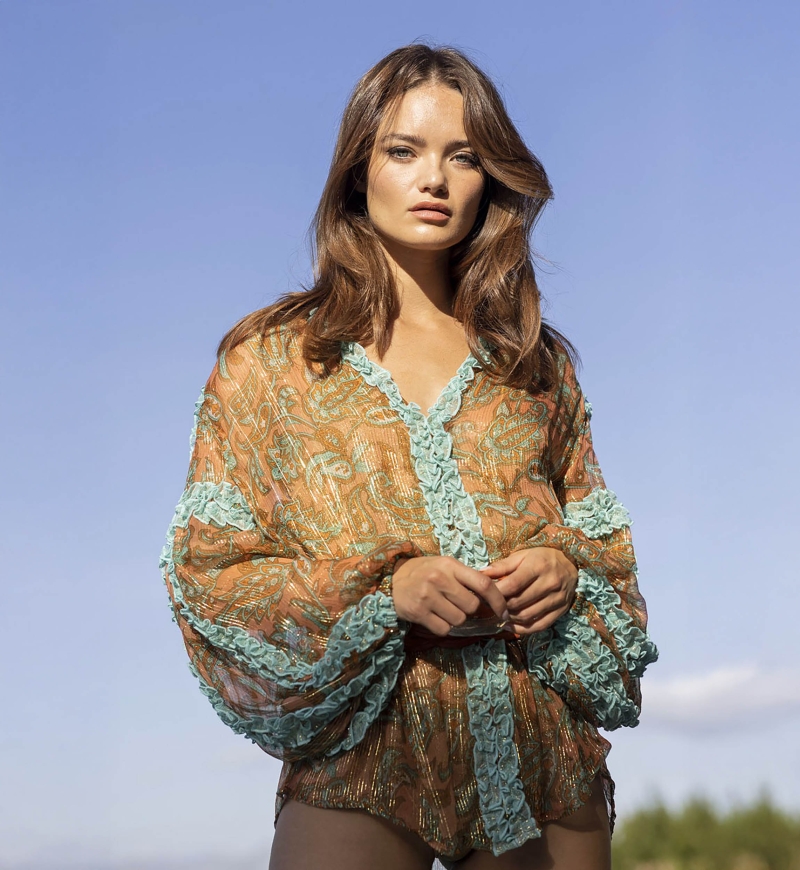 Blusa Romeo - Naranja/Aqua - Mangas Largas - Detalles Dorados - Pequeños Volantes - Estilo Boho - Miss June Paris - 3