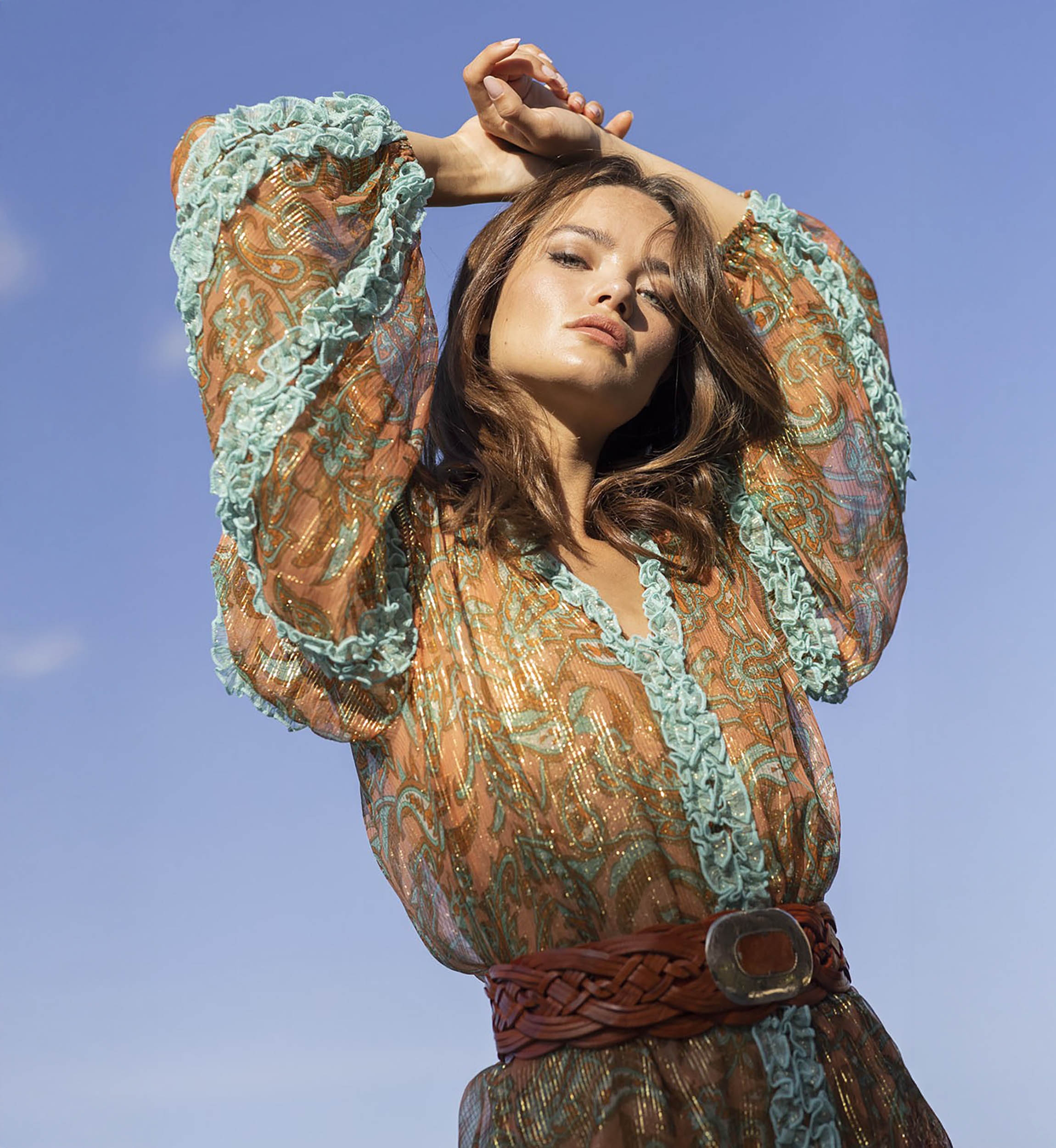 Blusa Romeo - Laranja/Aqua - Mangas Longas - Detalhes Dourados - Pequenos Babados - Estilo Boho - Miss June Paris - 2