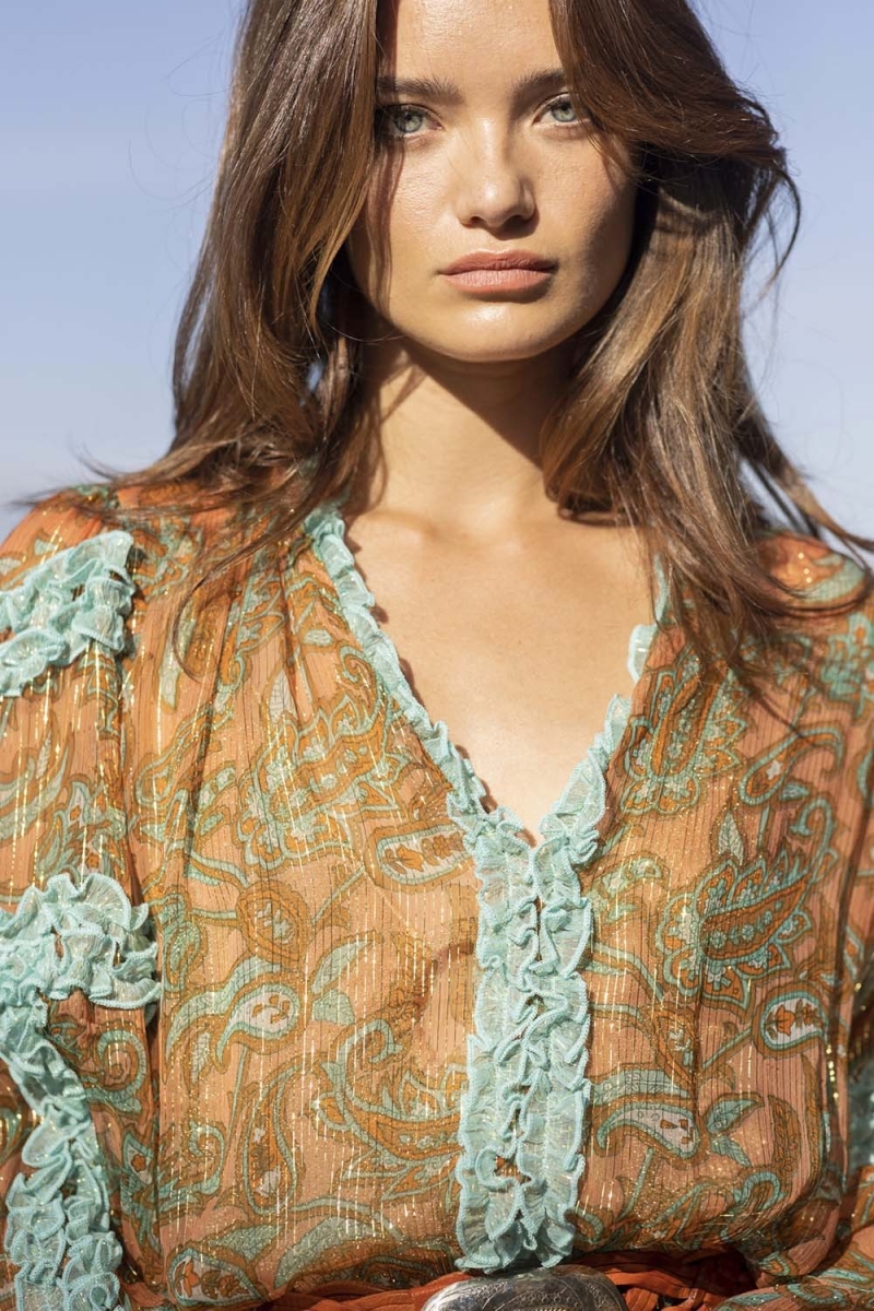 Blusa Romeo - Laranja/Aqua - Mangas Longas - Detalhes Dourados - Pequenos Babados - Estilo Boho - Miss June Paris - 4