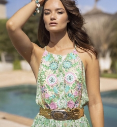 Breezy Short Dress - Green - Floral Print - Decorated Plastron - Strappy Dress - Bohemian Style - Miss June Paris - 3