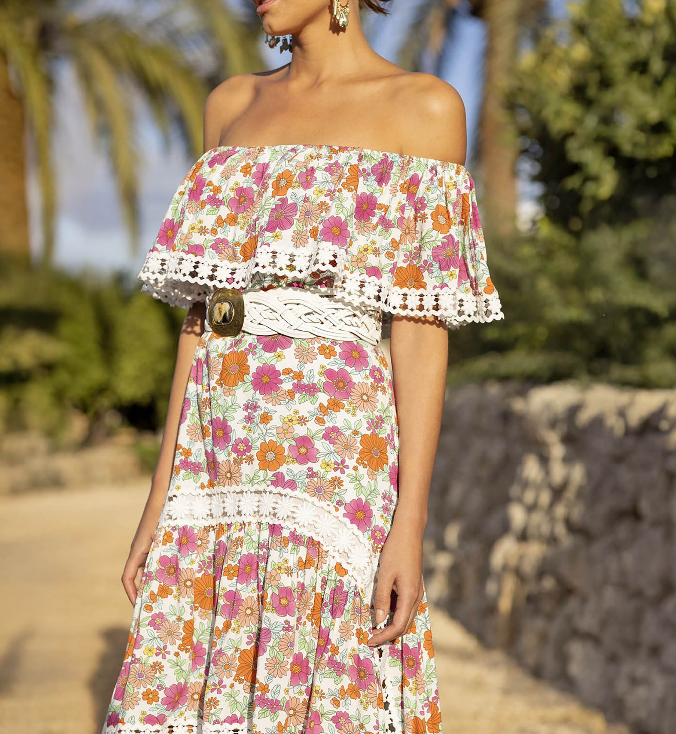Rayan Long Dress - Colorful Floral Print - Off-Shoulder - White Embroidery - Boho - Miss June Paris - 3
