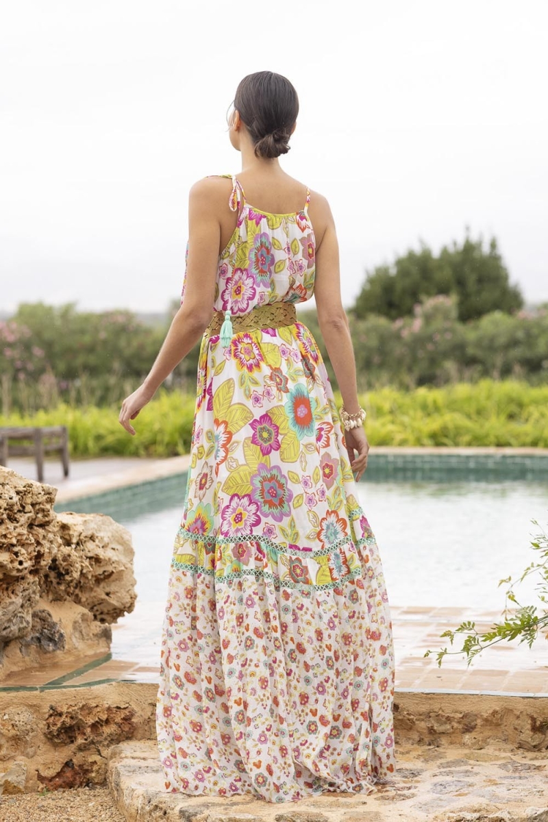 Vestido largo ASTOR: blanco - floral bohemio - tirantes finos - Miss June Paris - 3