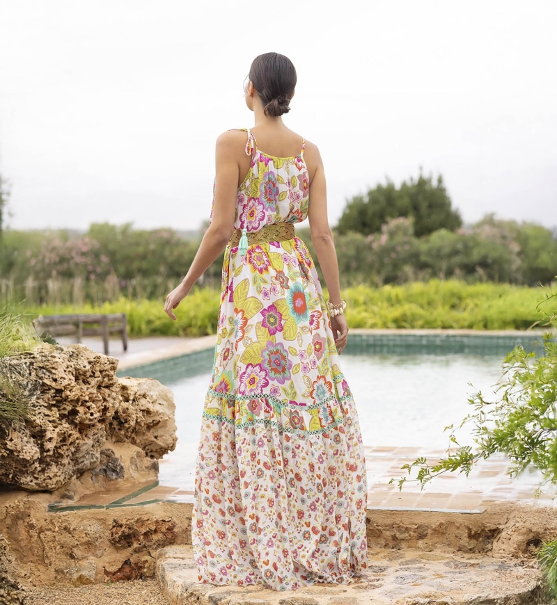 Vestido longo ASTOR: branco - floral boho - alças finas - Miss June Paris - 3