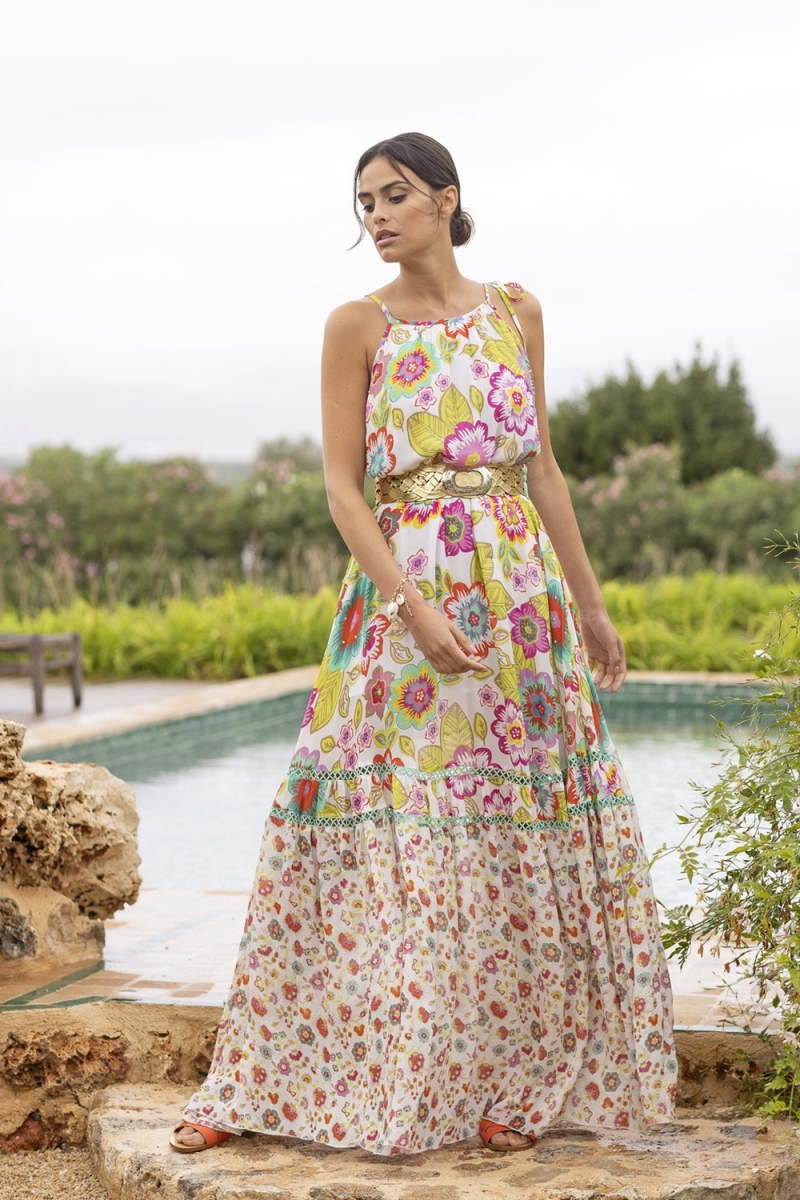 Vestido longo ASTOR: branco - floral boho - alças finas - Miss June Paris - 1