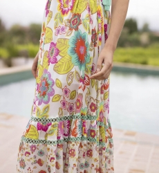 Vestido longo ASTOR: branco - floral boho - alças finas - Miss June Paris - 2